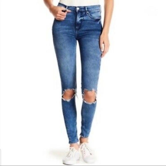 Free People Denim - SOLD-Free People Busted Knee Blue Indigo Wash Skinny Mid Rise Ankle Jeans
